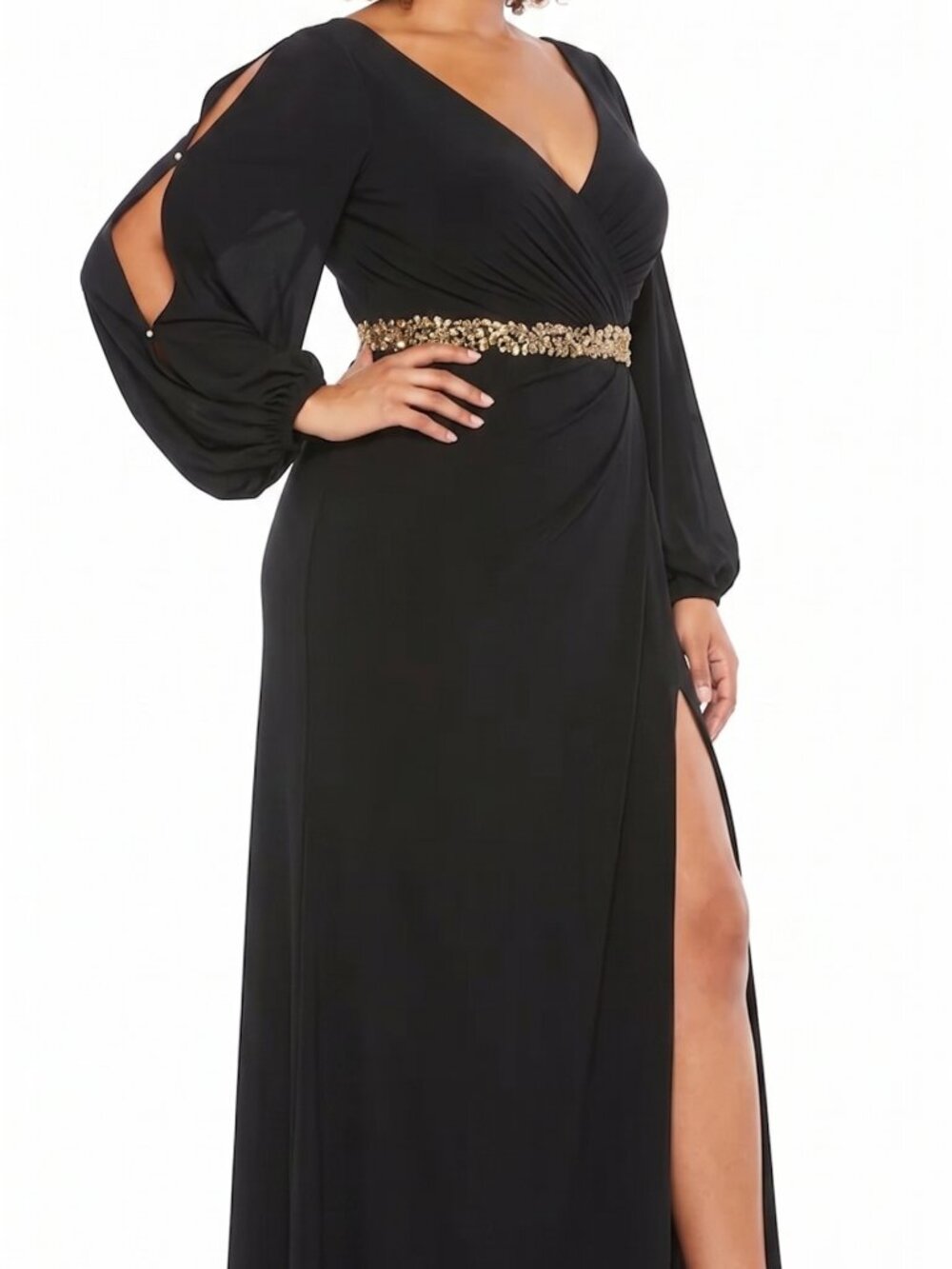 Mac Duggal Size 14W Black Jersey Gown with Beaded Belt & Cold Shoulder Sleeves